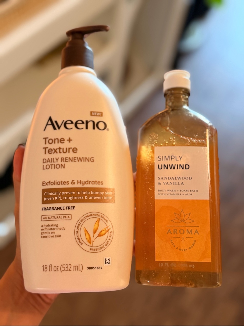 Aveeno Tone + Texture Daily Renewing Lotion and BBW Sandalwood Vanilla Body Wash